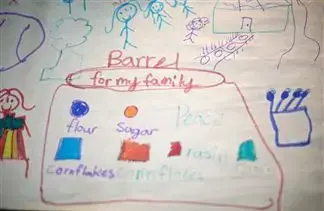 A child whose mother migrated to New York City draws the barrels she receives and some of the things that come inside. Image by&nbsp;Sabriya Simon. Jamaica.