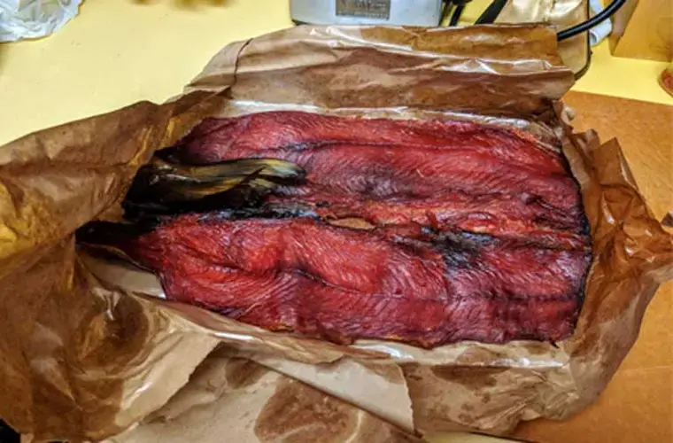 Full-smoked salmon from a traditional smokehouse – once the staple of native peoples across the Inside Passage. Image&nbsp;by Saul Elbein. Canada, 2017.