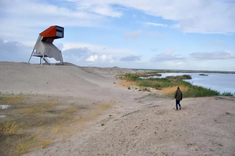 A wildlife-watching tower stands over a newly-built island in a lake near Amsterdam. The island is part of an ambitious restoration effort aimed at minimizing ecological damage caused by a nearby dam.&nbsp;Image by Tristan Baurick / Times-Picayune | The Advocate. The Netherlands, 2020.