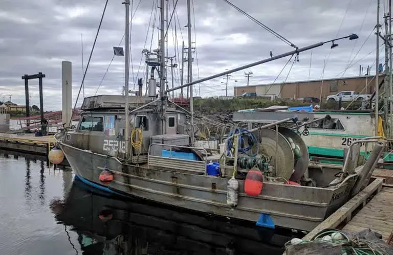 A fishing boat in Lax Kwalaams harbor. With fishing catches down so far, many local fishermen have given up the livelihood. Image&nbsp;by Saul Elbein. Canada, 2017.