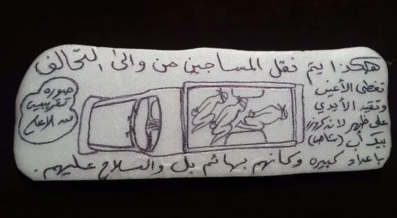 A drawing of prisoners being transported in a pickup truck to an Emirati-run prison in Yemen. The Arabic reads: “This is how they transport the prisoners from and to the coalition. Blindfolded and handcuffed in the back of a Land Cruiser pickup in large numbers as if they are animals and under gunpoint.” Image from AP.&nbsp;