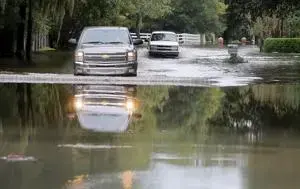 Motorists make their way down a flooded Winners Circle, in Hickory Farms in the Church Creek area. Image by Brad Nettles/The Post and Courier&nbsp;Staff. United States, undated.