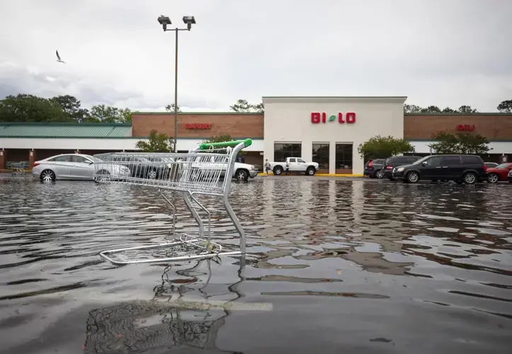 An abandoned grocery cart sits in floodwaters in a grocery store parking lot on Johns Island on May 20, 2020. Image by Lauren Petracca/The Post and Courier&nbsp;Staff. United States, 2020.