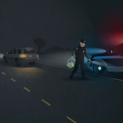 The driver is released without criminal charges — and without the cash they were carrying. Though driving with large amounts of cash is not a state crime, police can seize the money if evidence ties it to a drug crime. Prosecutors take the seized cash to state court to approve sending it to the U.S. Department of Justice, as part of the federal Equitable Sharing Program. The Justice Department keeps 20 percent of the value of the property and sends the rest back to state authorities. Image by David Kovaluk. 2019.