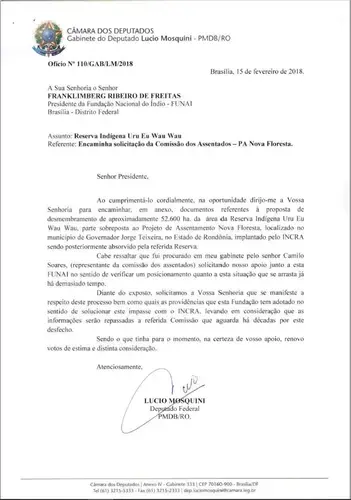 Letter sent by federal deputy Lucio Mosquini from the PMDB of Rondonia to the President of Funai in February 2019 requesting information on possible reduction of the Uru-Eu-Wau-Wau indigenous lands. Image courtesy of InfoAmazonia.