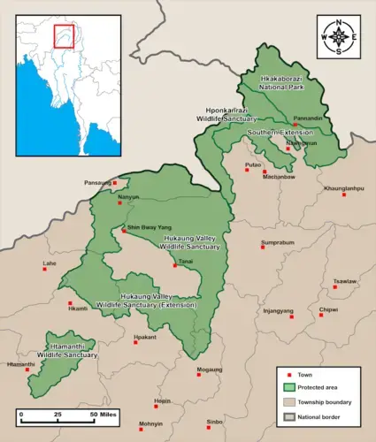 Protected areas, including a proposed southern extension to Hkakabo Razi National Park, in an area overlapping Kachin State and Sagaing Region. Image by WCS.