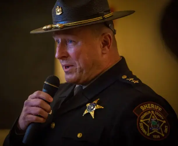 Franklin County Sheriff Scott Nichols speaks at a State House rally in Augusta in 2019.&nbsp;Image by Troy R. Bennett / BDN. United States, 2019.