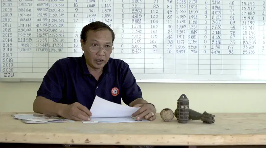 Province Coordinator of UXO Lao Khammouane, Mr. Mahaxay, explains some statistics to the documentary crew. Image by Cyril Eberle. Laos, 2017.