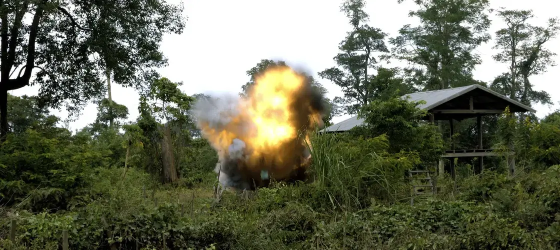 A controlled explosion of three 'bombies' by UXO Lao, something Laotians see almost every day. Image by Cyril Eberle. Laos, 2017.