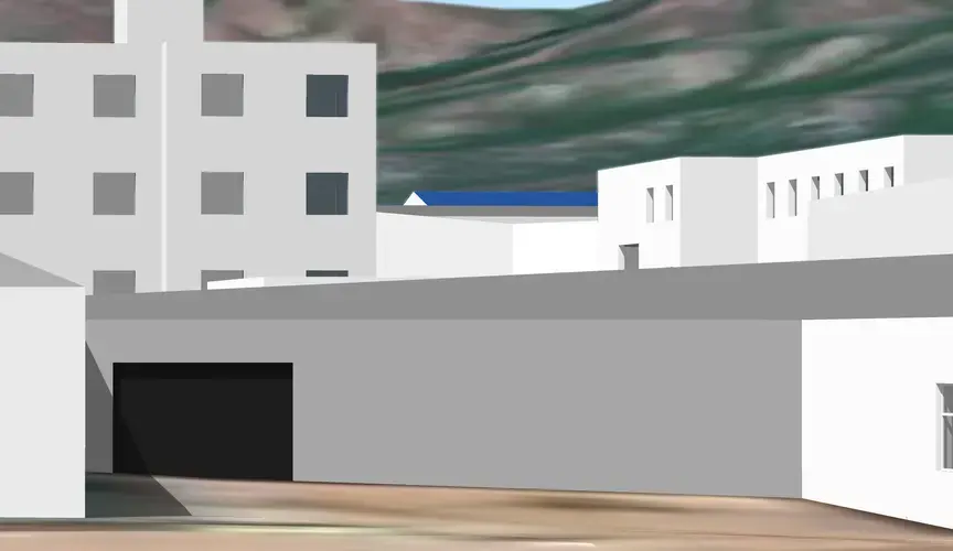 A rendering of the gate to “the new place,” with the building seen in the background, based on satellite images. Image by&nbsp;Alison Killing.