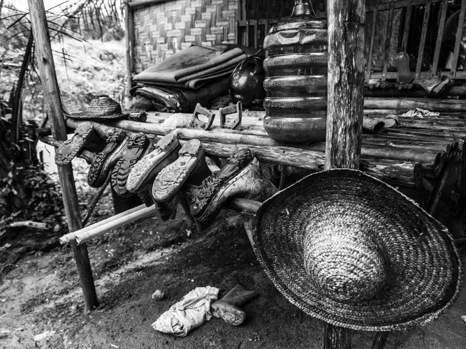 Workers must wear tall boots in the plantation to protect themselves from snakes, which they say are released by palm-oil companies to kill rats and protect the saplings. Image by Xyza Cruz Bacani. Indonesia, 2018.