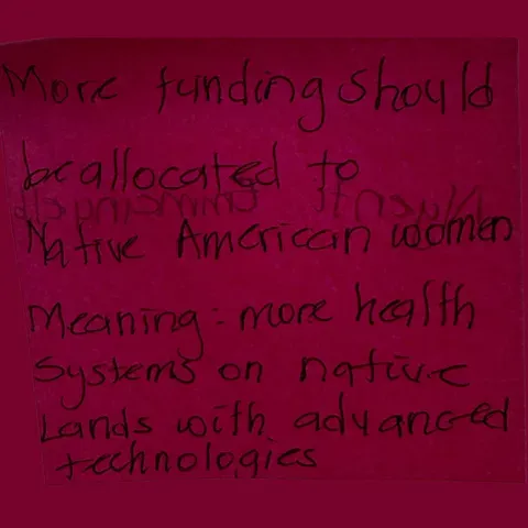 Student Reflection reading, "More funding should be allocated to Native American women meaning: more health systems on native lands with advanced technologies."