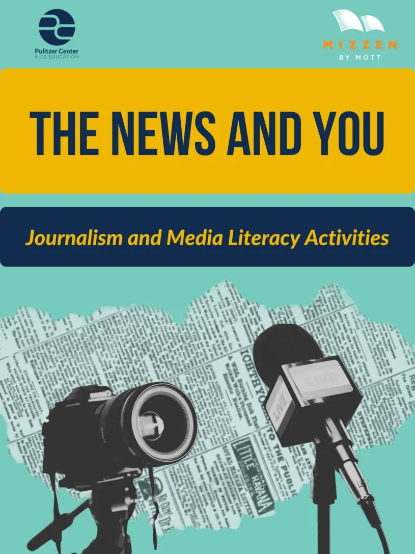 Decorative graphic for collection, featuring a microphone and camera over newsprint.