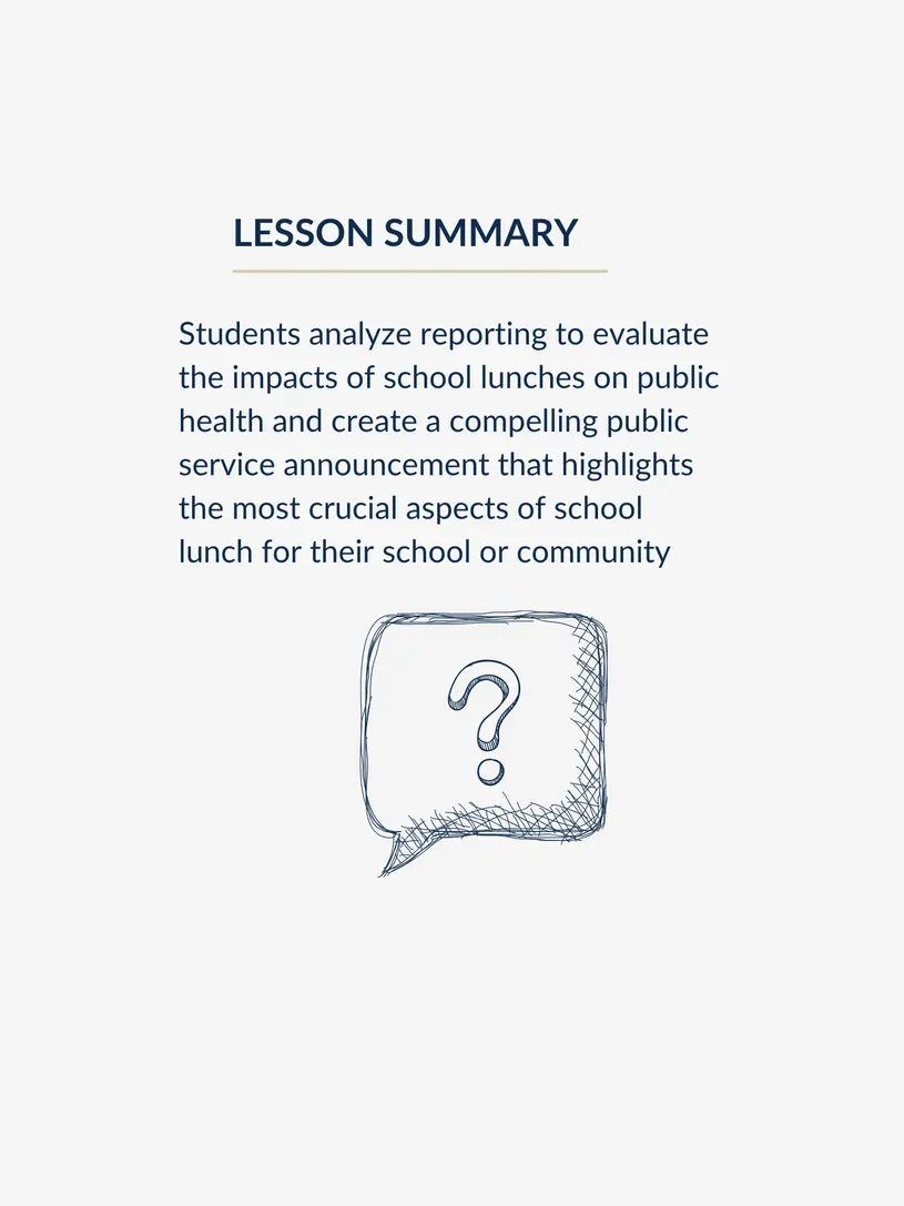 image of thought bubble illustration below text summarizing lesson about school lunch