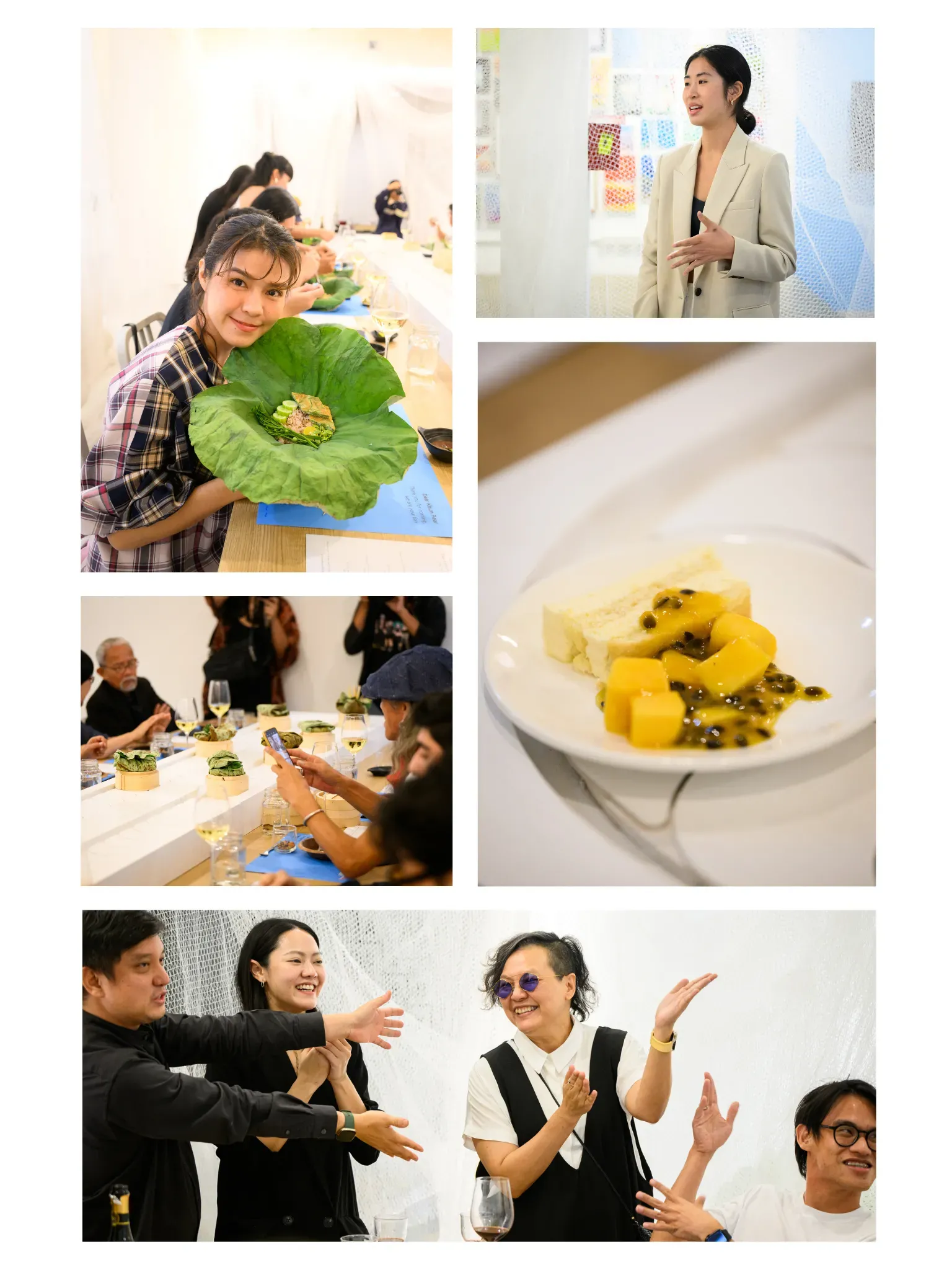 Image  collage from a dinner party. Some attendees are standing to speak in two of the photos. In one, a person takes a picture of the food with their phone. Another picture shows a passion fruit pastry. And a fifth picture shows a young woman posing with her dish.