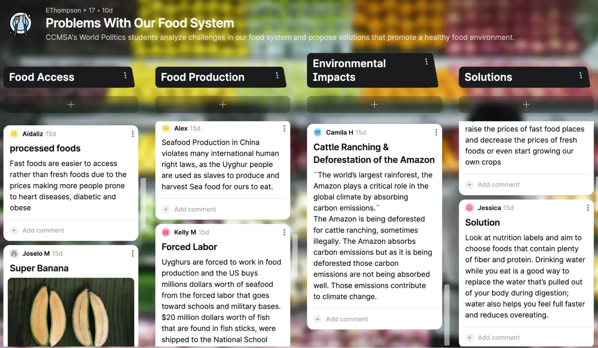 screenshot of padlet showing student reflections on articles about food access