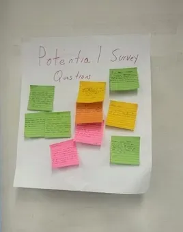 wall post-it covered in smaller colored post-it notes containing student reflections