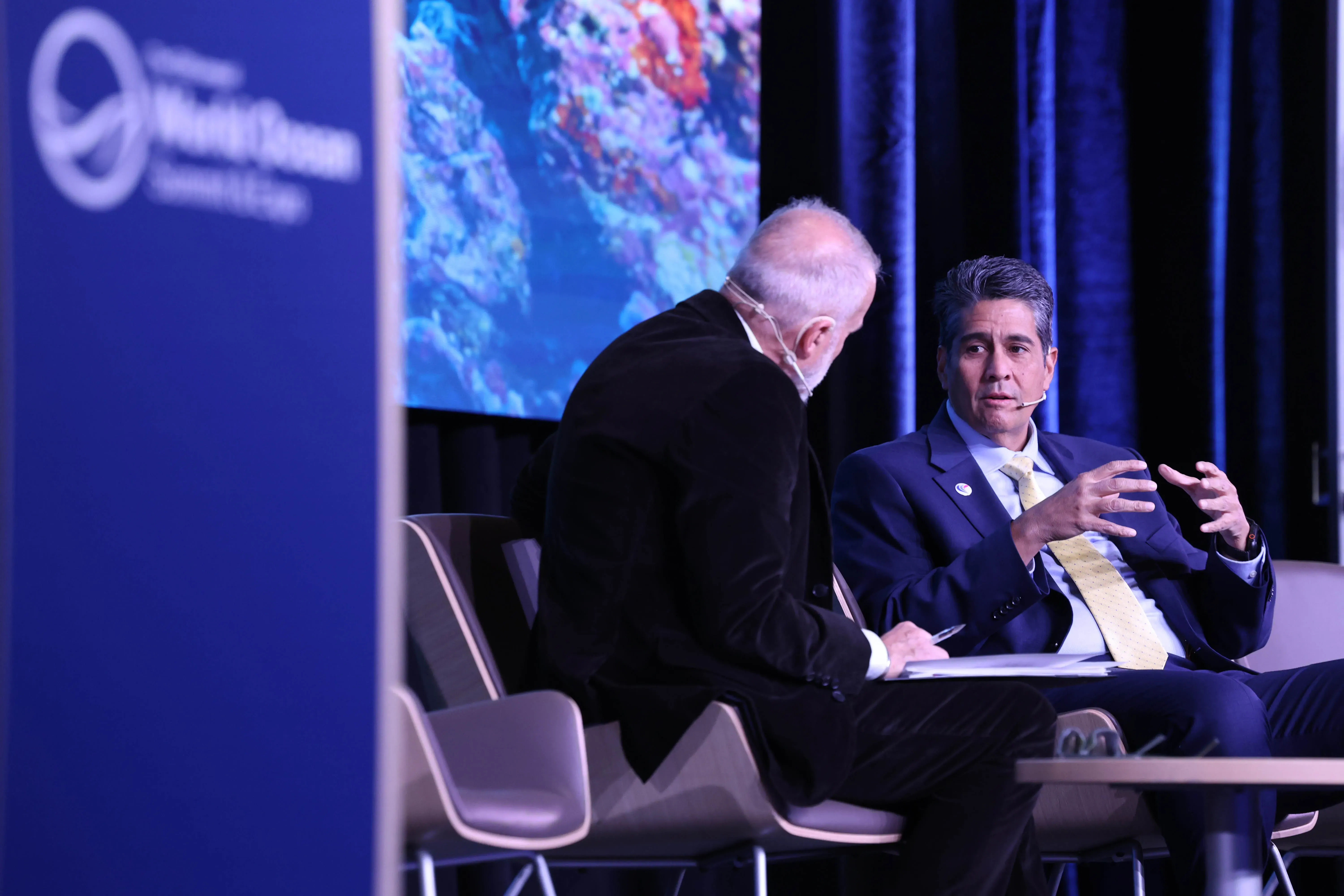 President of Palau Surangel Whipps Jr. talks to Charles Goddard of the Economist about the role of technology in enforcing the High Seas Treaty. Image by Bianca Otero. Canada, 2026.