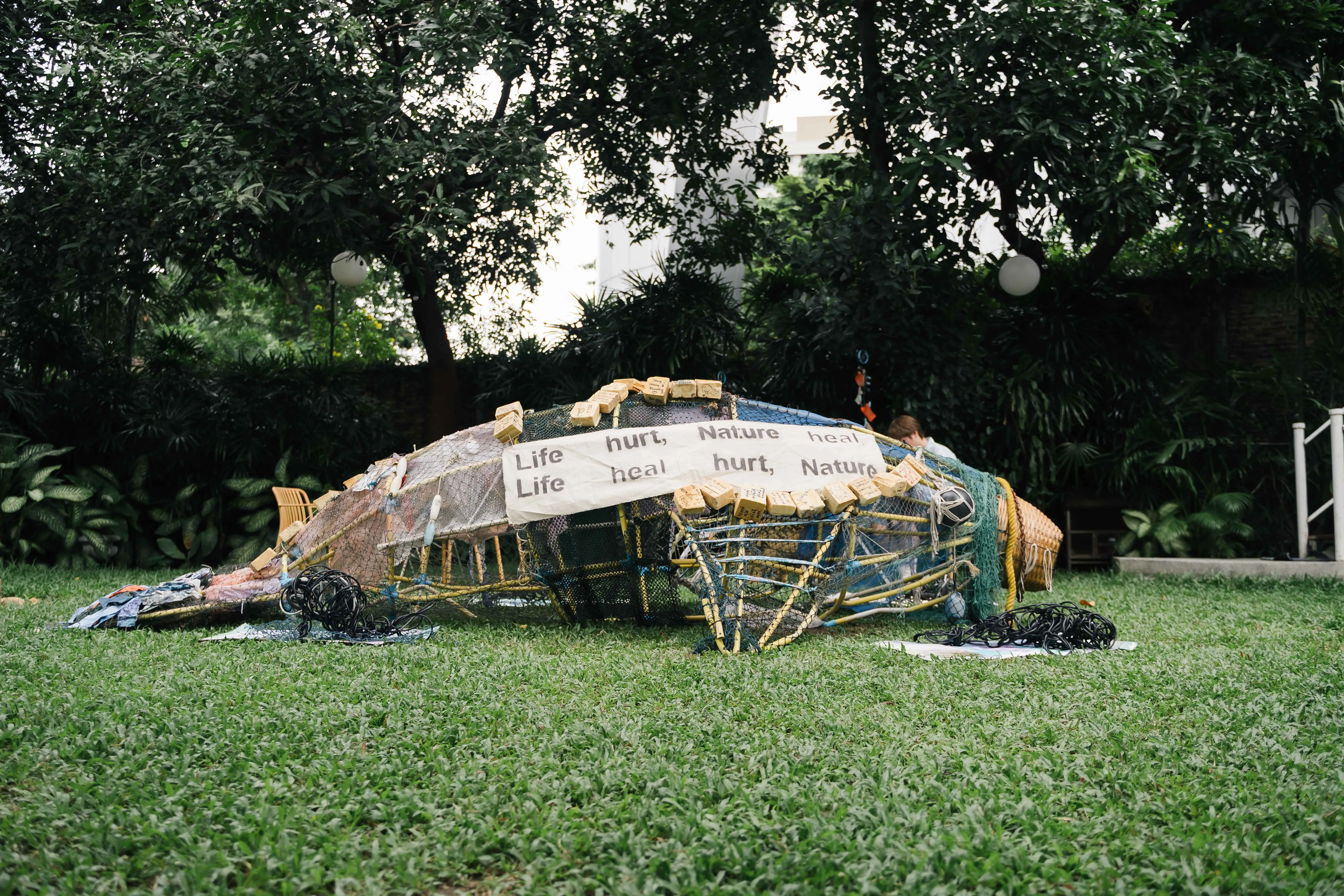 The dugong installation was made entirely of waste and upcycled materials, traveling from Koh Samui to Phuket and then Bangkok during the festival period.