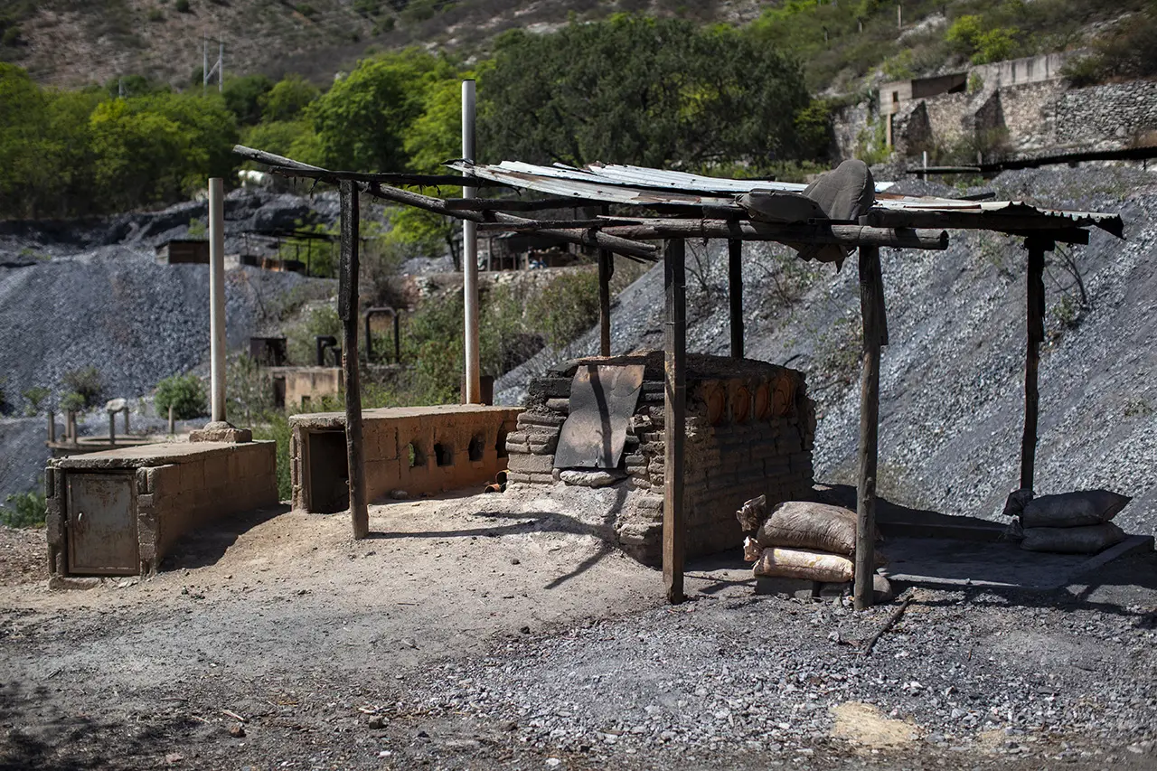 An oven under a shelter of thin branches and corrugated steel.