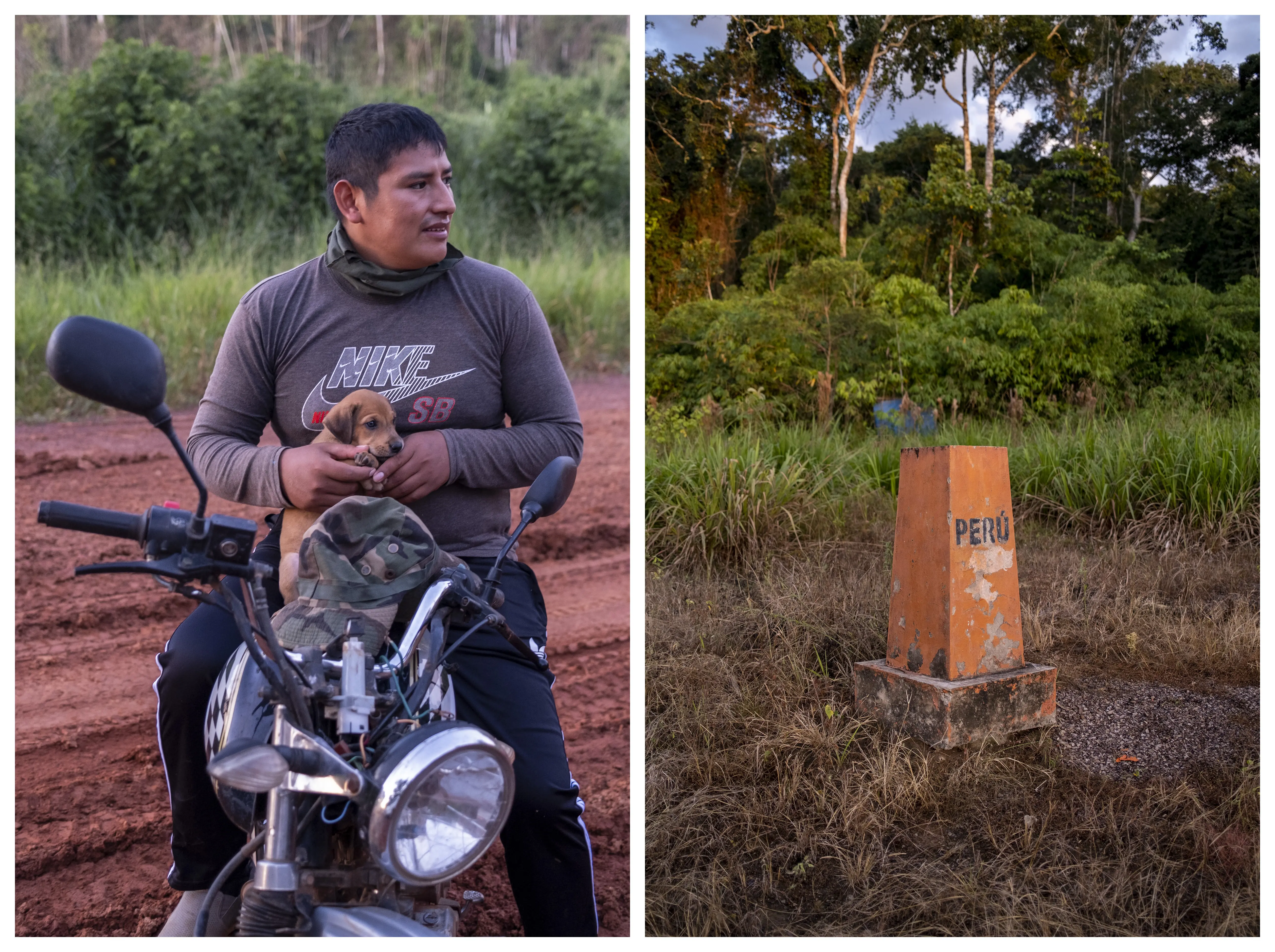 Derecha: un hombre en una motocicleta con un cachorro en su regazo. Derecha: un cono metálico que señala la frontera entre