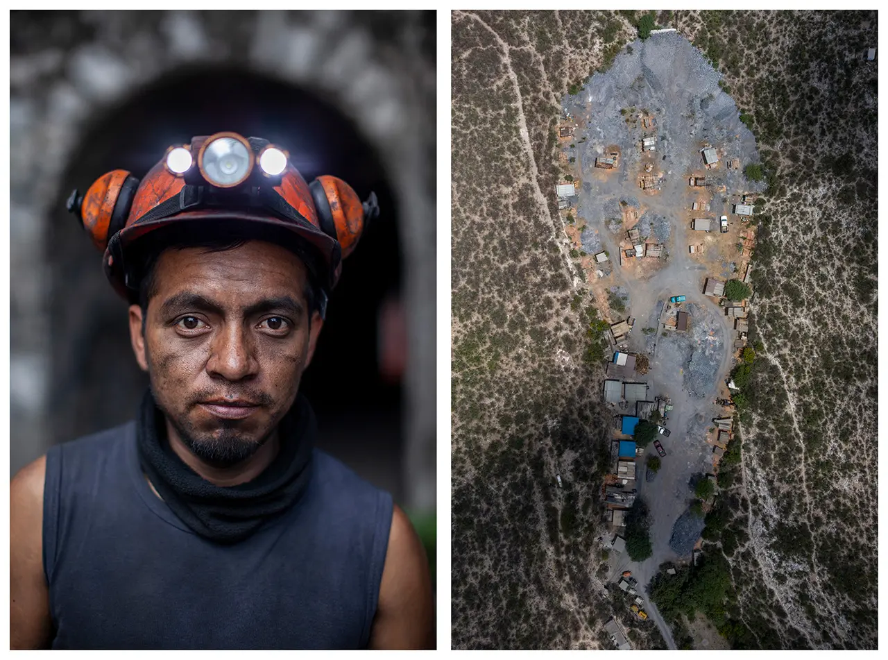 Right: a man wearing a red hard hat and a headlamp stands outside of a blurred mine entrance.<br />
Left: Aerial view of the smelting site, a teardrop-shaped gravel cutout in the wilderness.