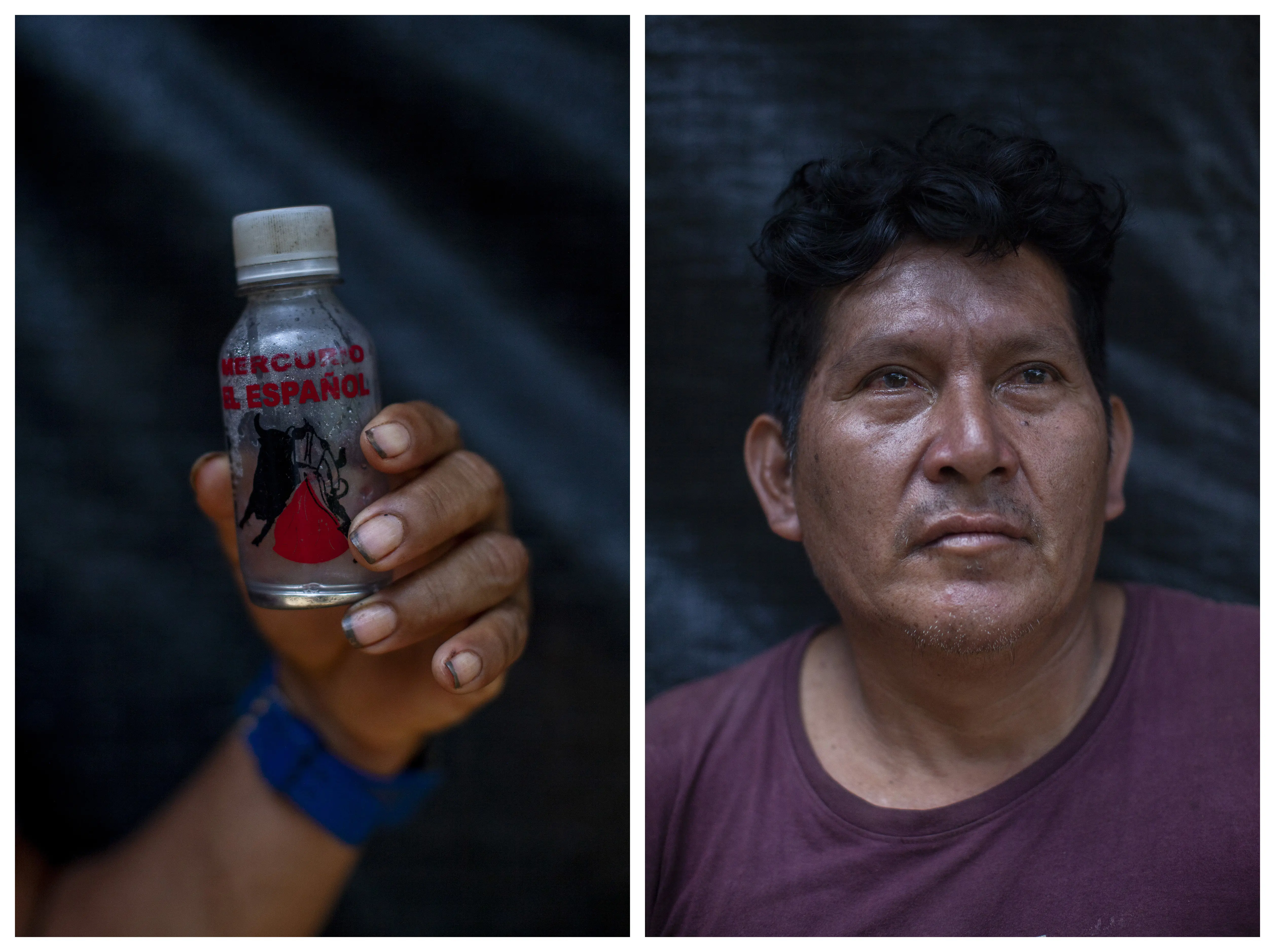 Left: a plastic bottle with a graphic bull and red cape containing "Mercurio El Español." Right: a headshot of Ruben Timelensuki.