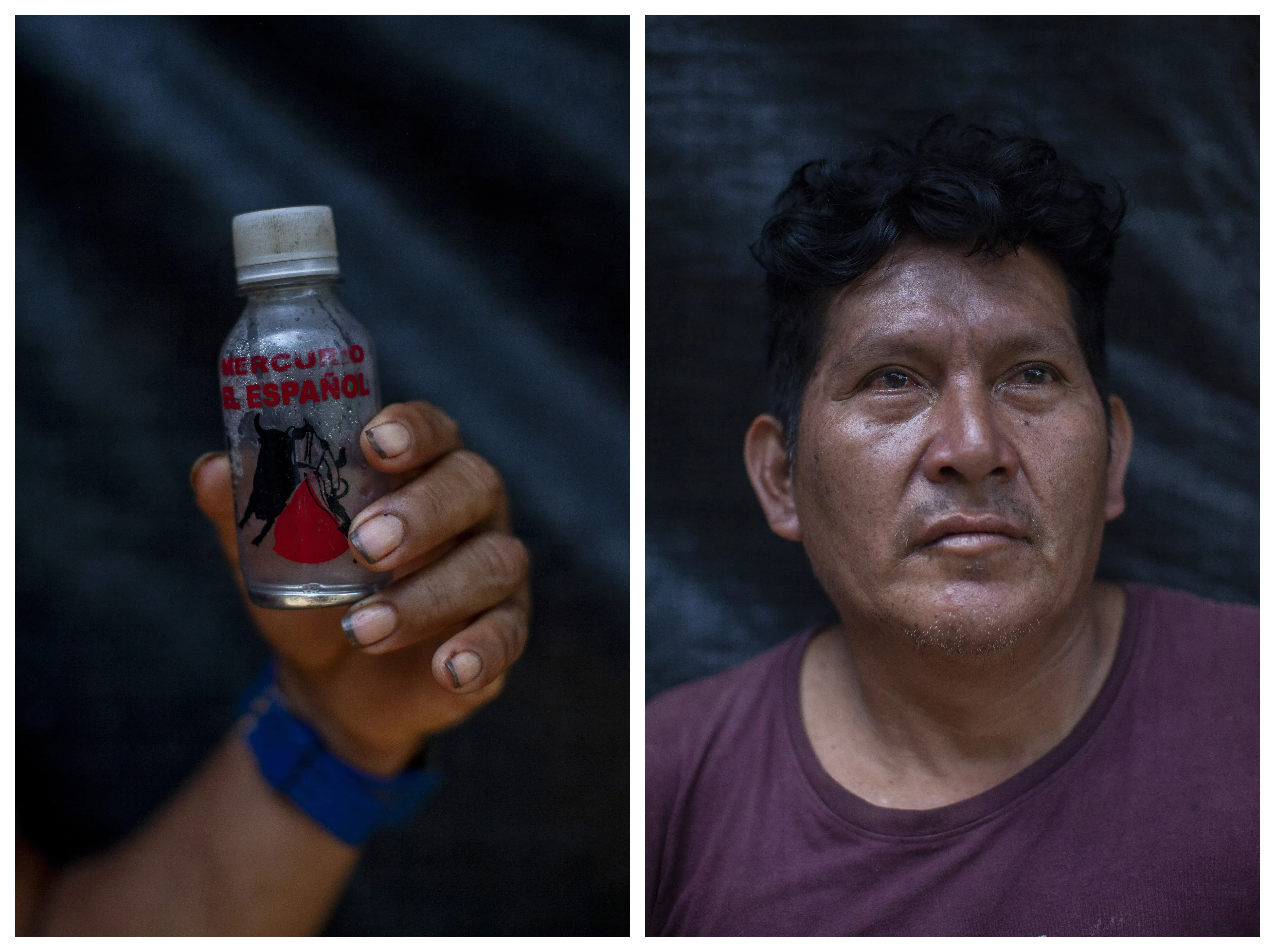 Left: a plastic bottle with a graphic bull and red cape containing "Mercurio El Español." Right: a headshot of Ruben Timelensuki.