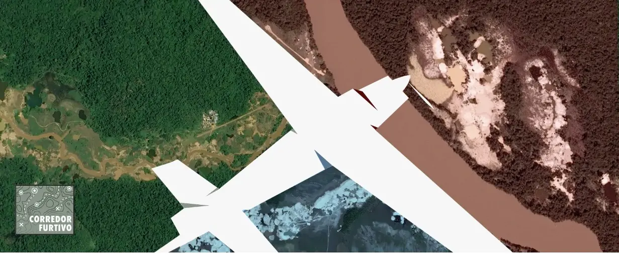 A graphic shows an aerial view of the Venezuelan Amazon with an image of a plane flying overhead. In the bottom left corner, the Corredor Furtivo series of Armando.info is credited.