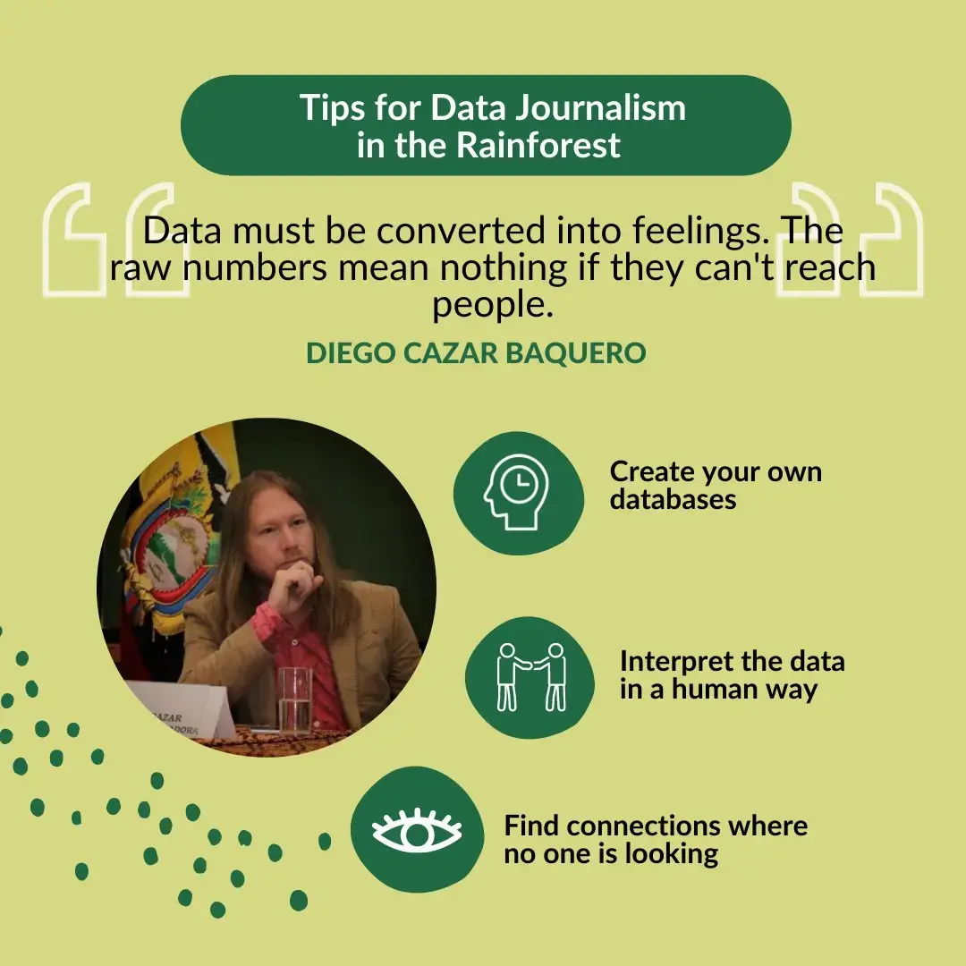 Title says Tips for Data Journalism in the Rainforest. Quote says “Data must be converted into feelings. The raw numbers mean nothing if they can't reach people.” Tips: 1) Create your own databases; 2) Interpret the data in a human way; 3) Find connections where no one is looking. 