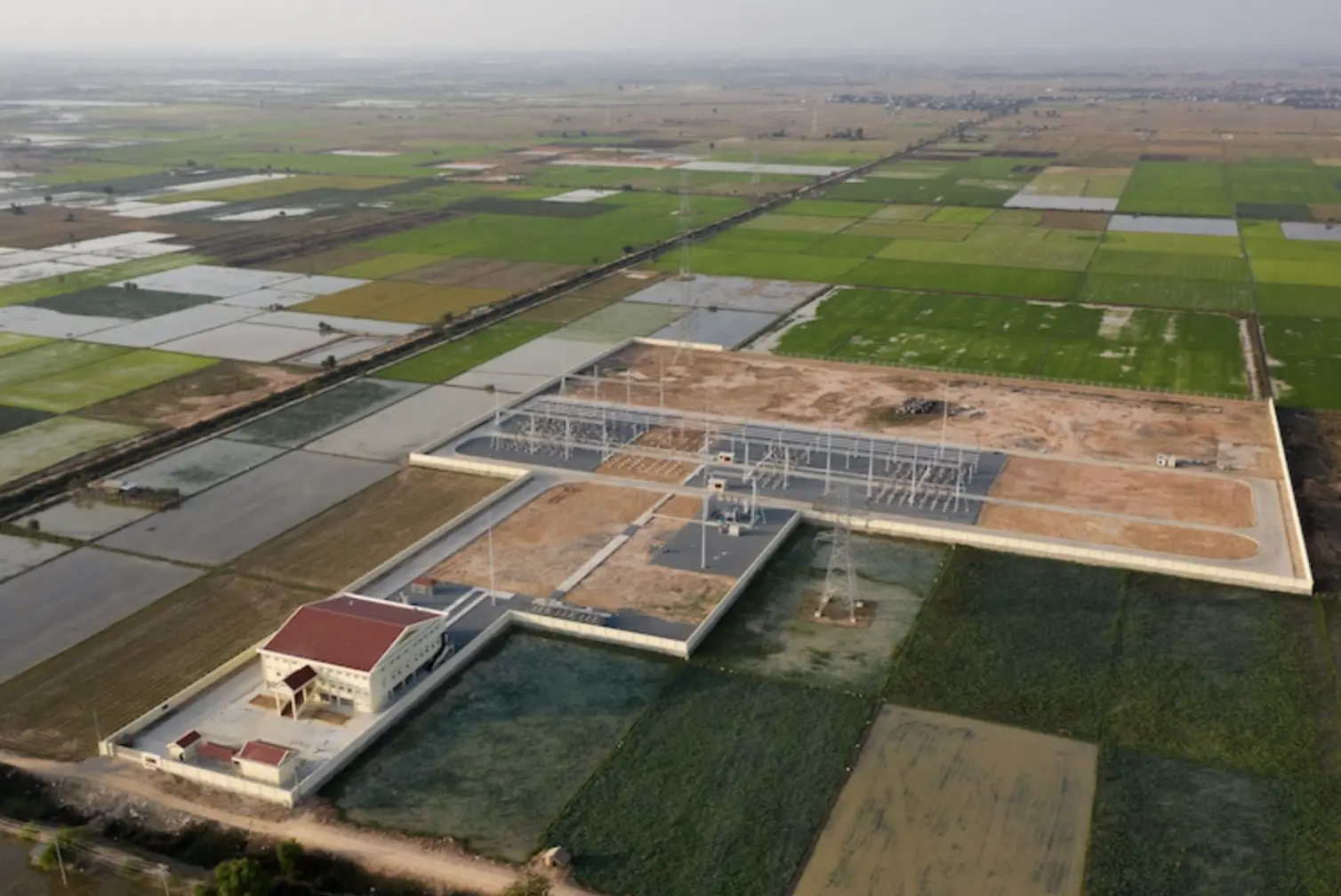 An aerial view (captured January 2022) of grid substation Khsach Kandal (GS56) that was built in late 2021 in Kandal Province.