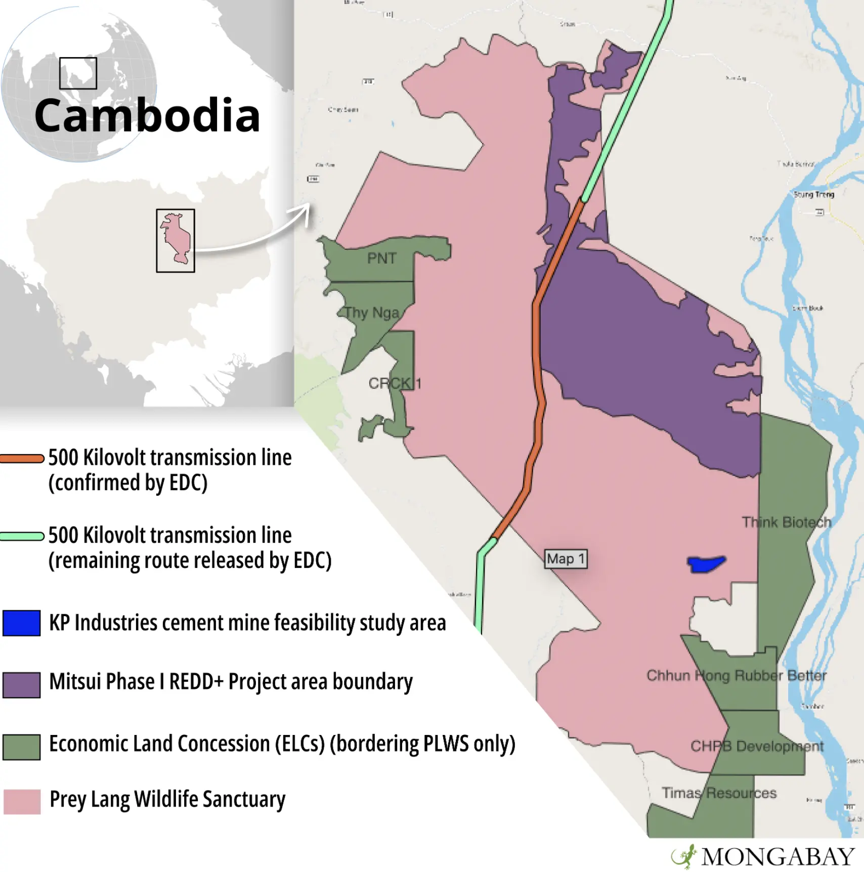 A map of the Prey Lang Wildlife Sanctuary, neighboring Economic Land Concessions, the current Mistui Phase I REDD+ Project Area and feasibility study area of the KP Cement mine. The map shows that the 500 Kilovolt transmission line will bisect Prey Lang and run through the Mistui Phase I REDD+ Project Area.