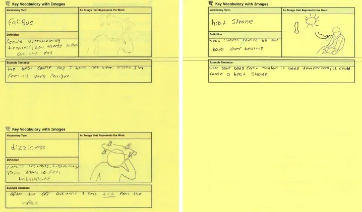 handwritten student notes on climate and heat related vocabulary