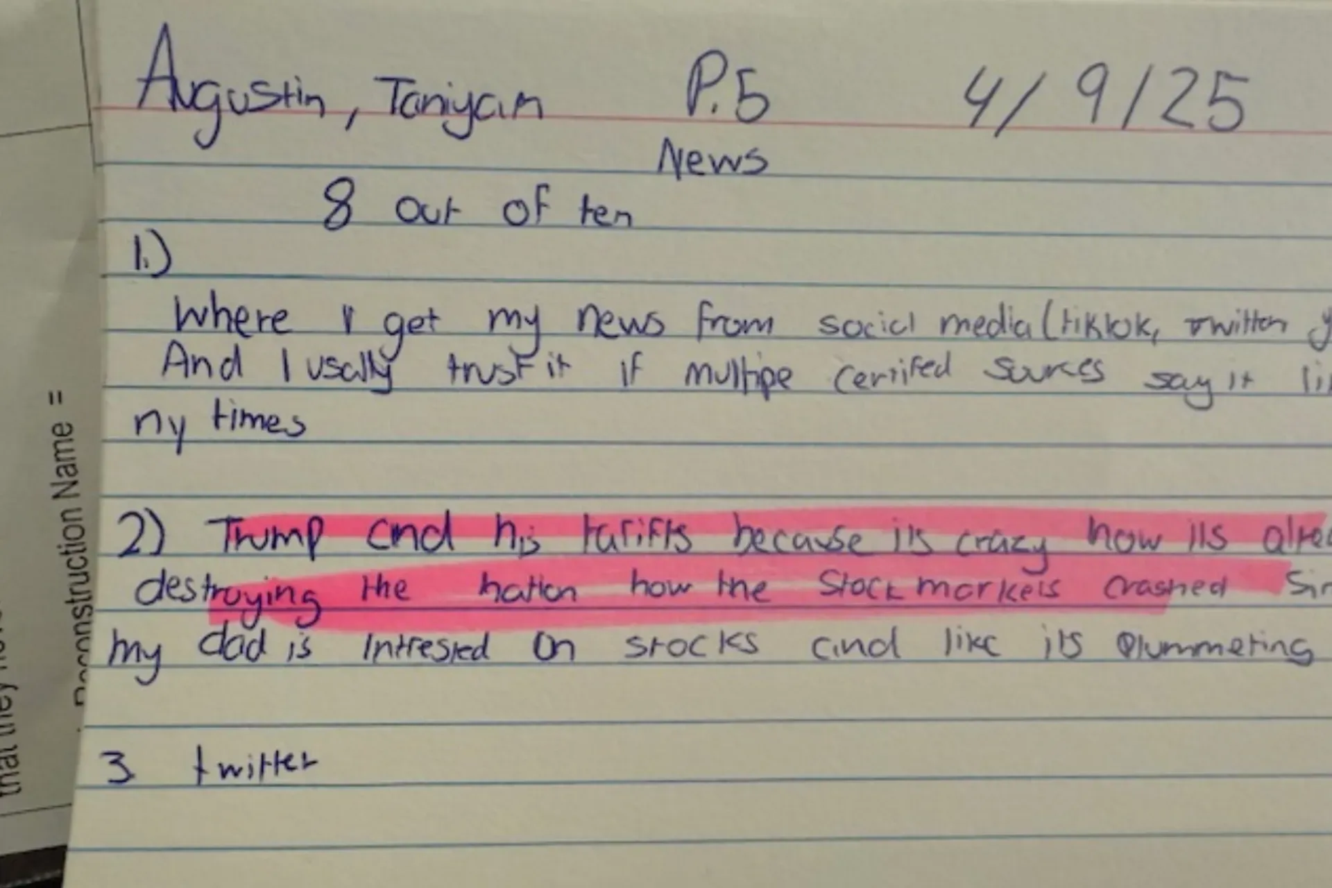 student response written on a notecard
