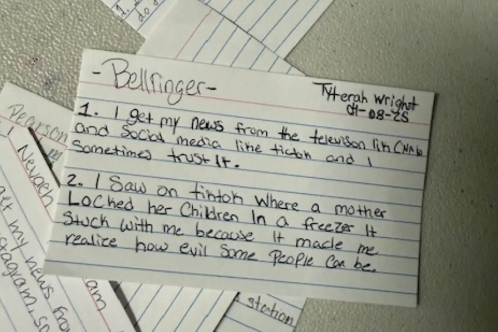 student response written on a notecard
