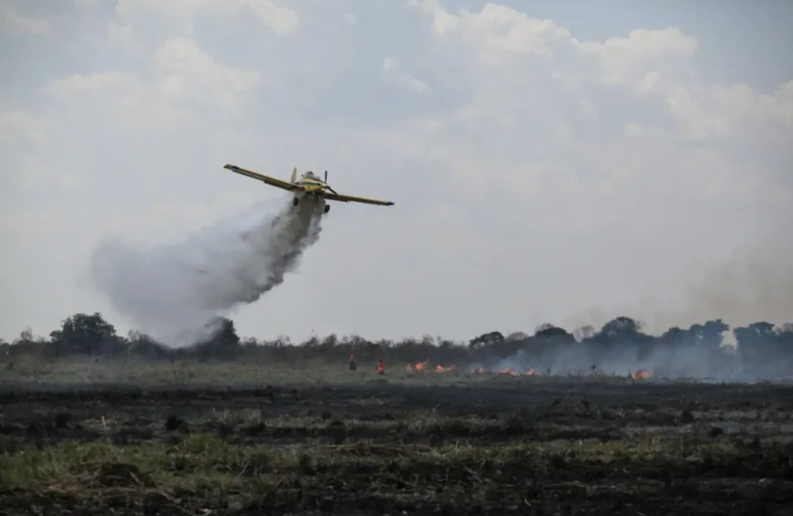 A plane flies over the the fires to try and control them