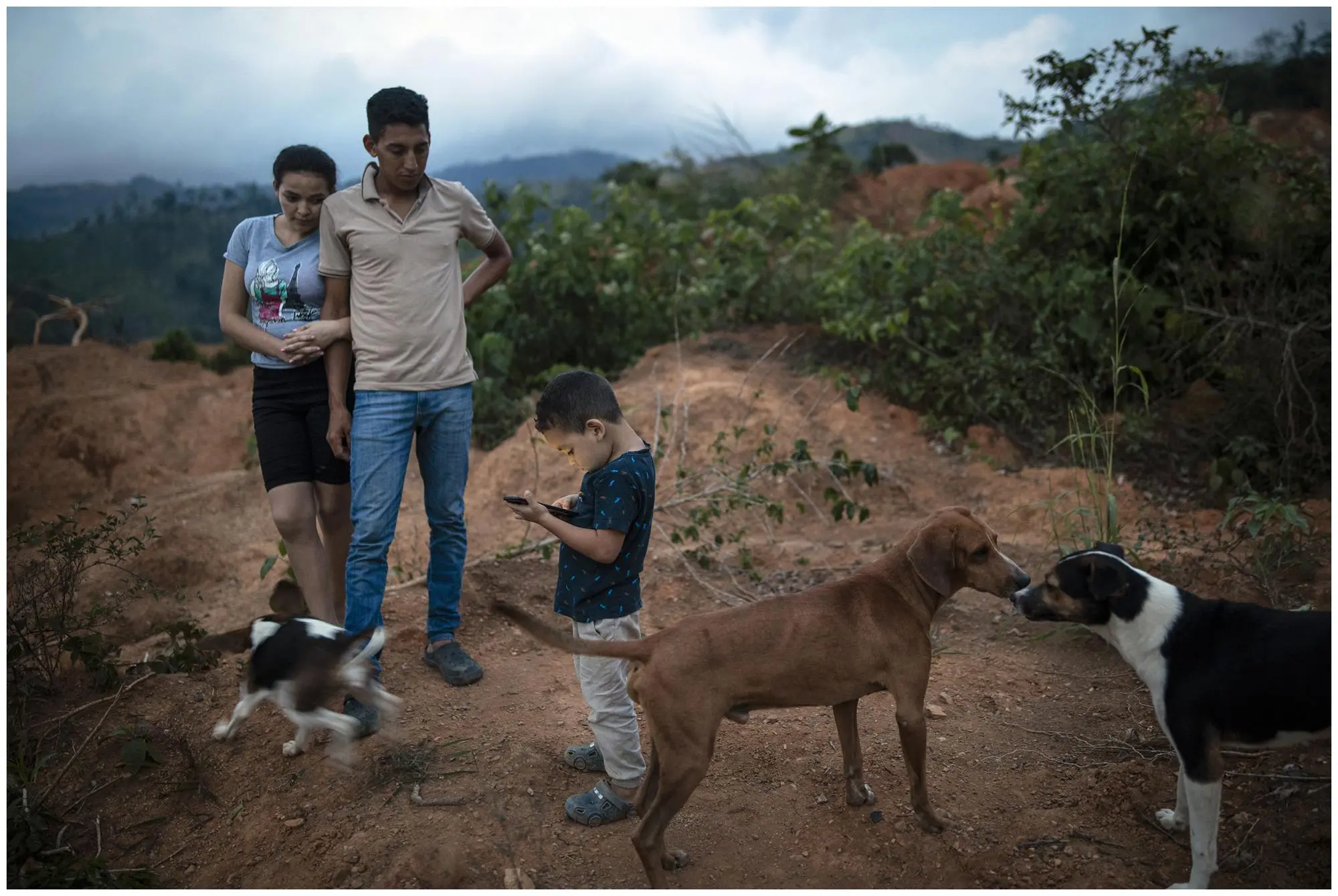 A family and their three dogs stand on country side